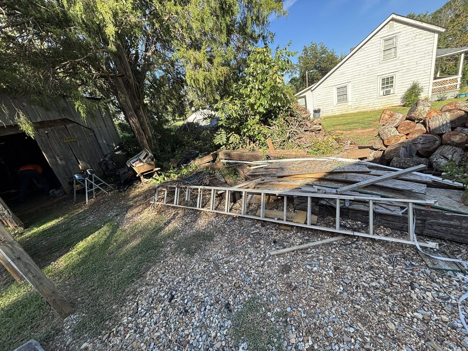 Backyard debris pile with shed and wood